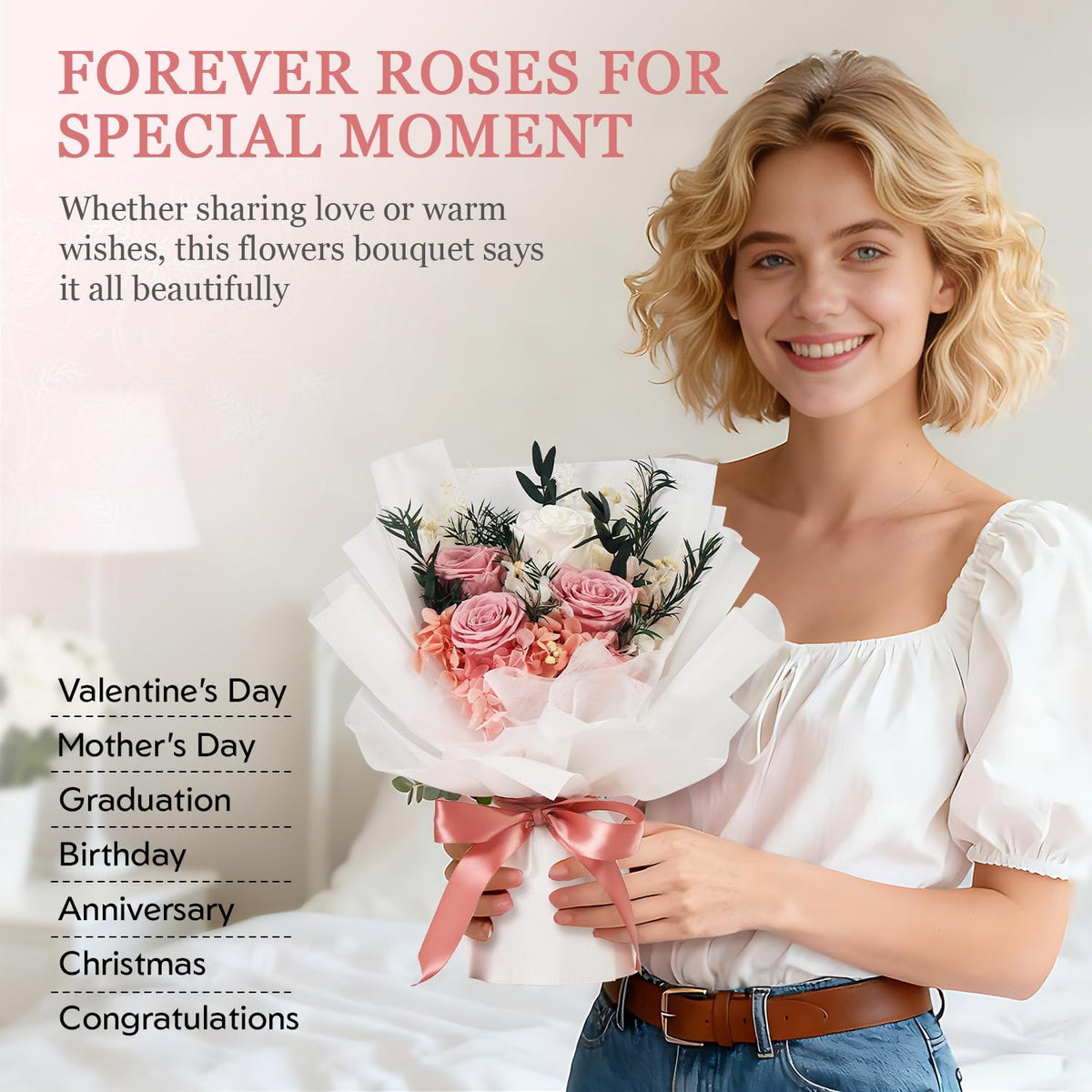 Forever Flowers for Delivery - Preserved Flowers Bouquet, Preserved Roses Bouquet Gifts for Women Anniversary Birthday Forever Pink Rose Gifts for Her Mom Grandma Wife Girlfriend Valentine