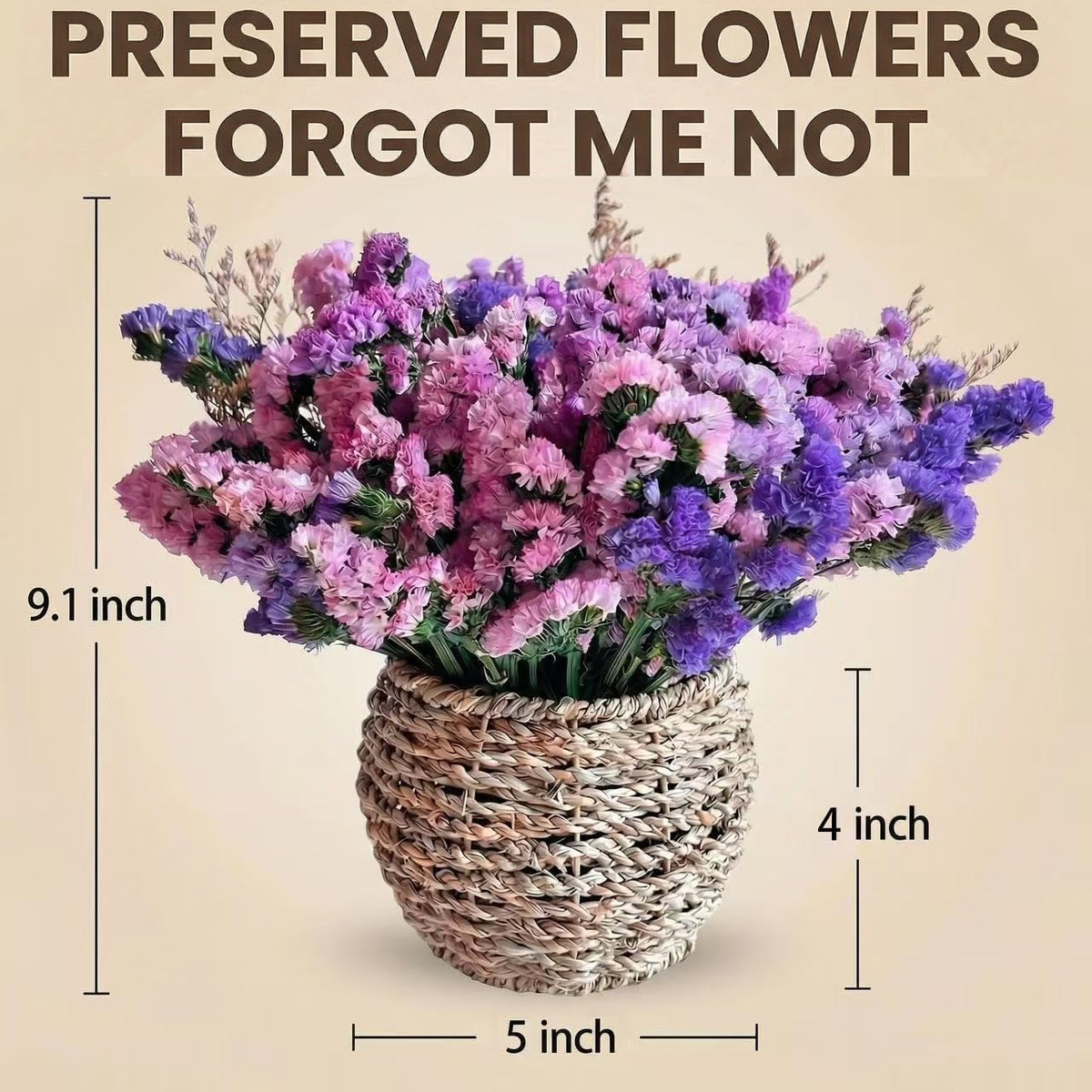 Preserved Forget Me Not & Natural Dried Purple Statice Flowers with Rattan Basket, Rustic Farmhouse Bouquet, Long Lasting Floral Centerpiece for Dining Table Home Decor Living Room