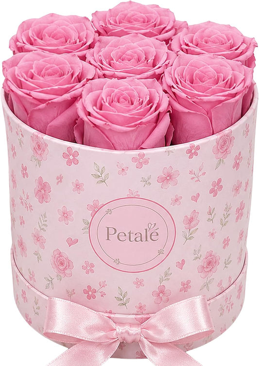 Pink Preserved Roses Forever Rose Box, 7 Real Eternal Flowers