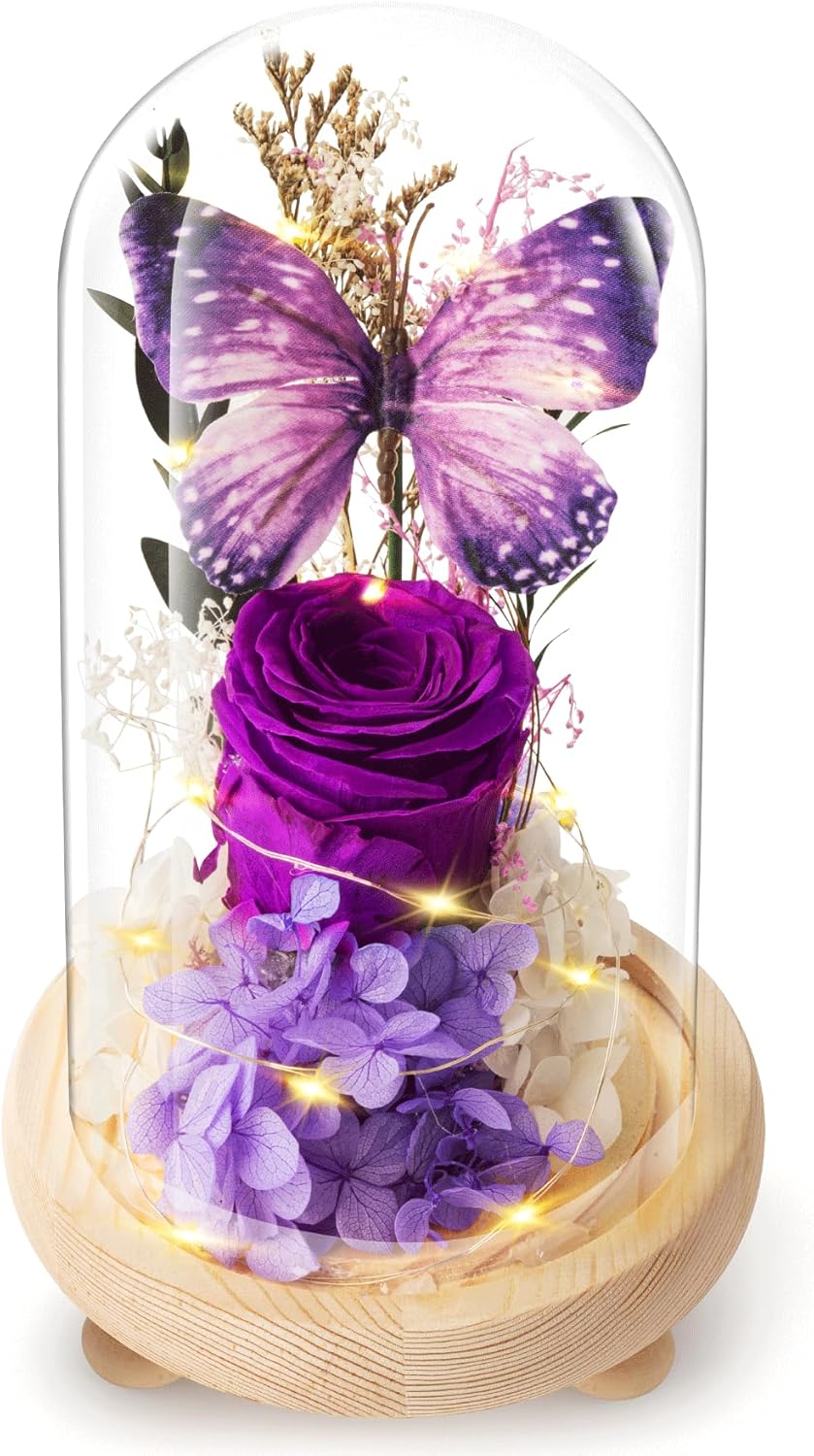 Forever Flowers Preserved Roses Prime Delivery, with Light in Glass Dome for Mom Grandma Wife Girlfriend, Purple Flower for Mother's Day, Valentine's Day, Anniversary, Birthday