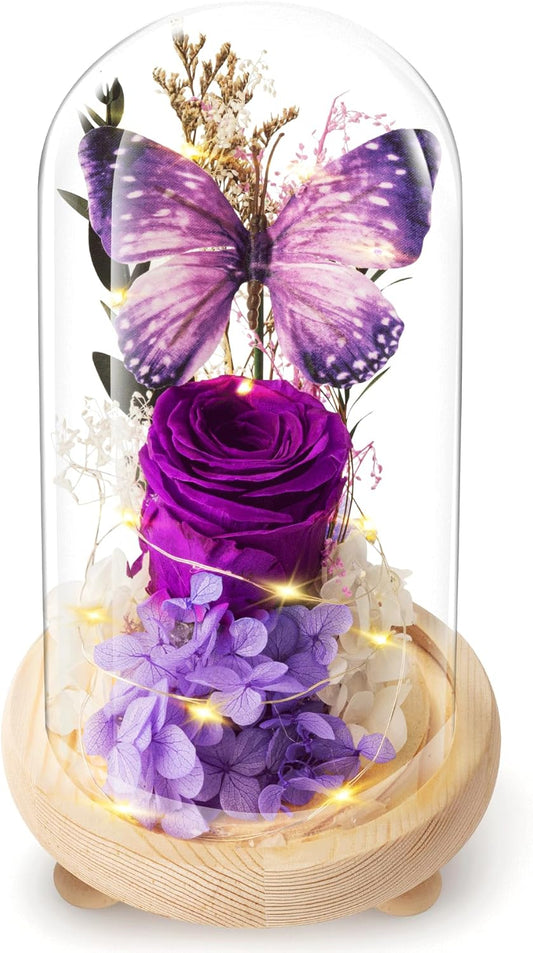 Forever Flowers Preserved Roses Prime Delivery, with Light in Glass Dome for Mom Grandma Wife Girlfriend, Purple Flower for Mother's Day, Valentine's Day, Anniversary, Birthday