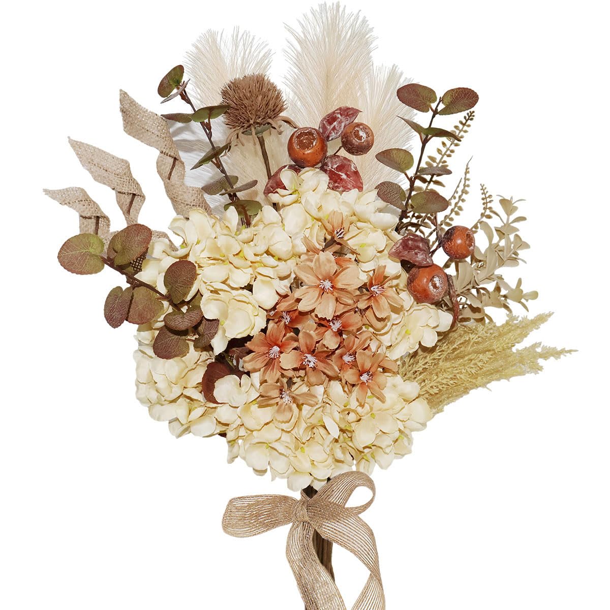 28Pcs Boho Artificial Dried Hydrangea Flower Bouquet with Berries, Burlap & Pampas, Green Ombre Leaves, Fake Fall Winter Thanksgiving Harvest Floral Arrangement for Vase Centerpieces, 17"