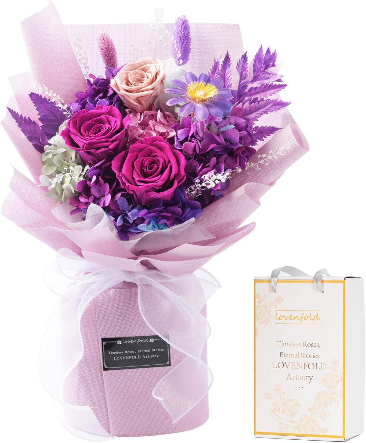 lovenfold Preserved Flowers for Delivery, Purple Rose Bouquets That Last 1-3 Years, Birthday Flowers Gifts for Women Mom Grandma Wife Friends