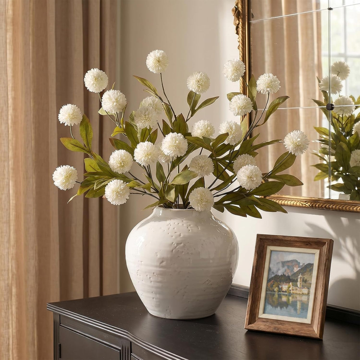 12Pcs 27"Artificial Pompon Mum Stems Silk Flowers for Vase Decor(Cream)