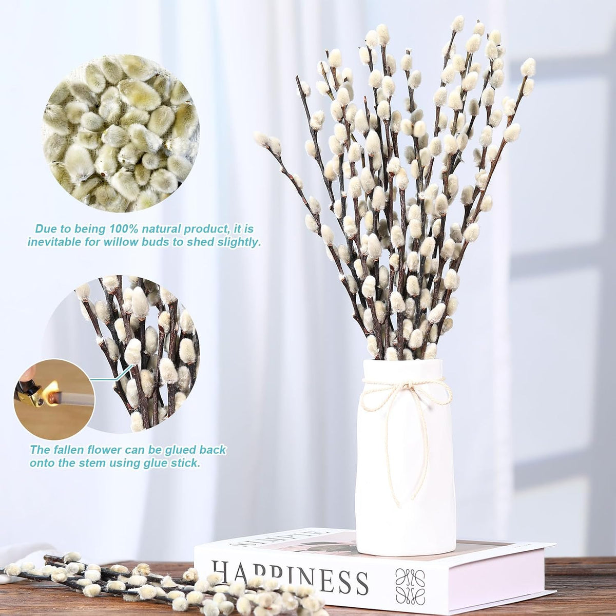 25 Stems Preserved PussyWillow, 17" White for Wedding Home & Fireplace