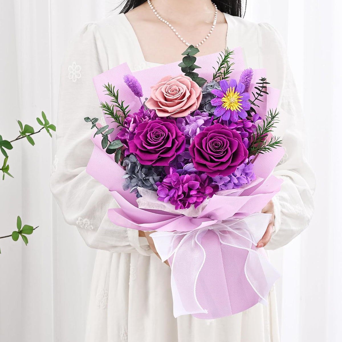 Waipfaru Preserved Flowers, Purple Fresh Bouquet with Gift Box, Flowers for Delivery Prime, Forever Flowers for Women Birthday Gift, Anniversary, Teacher, Mother Day, Valentines Day Gifts for Her