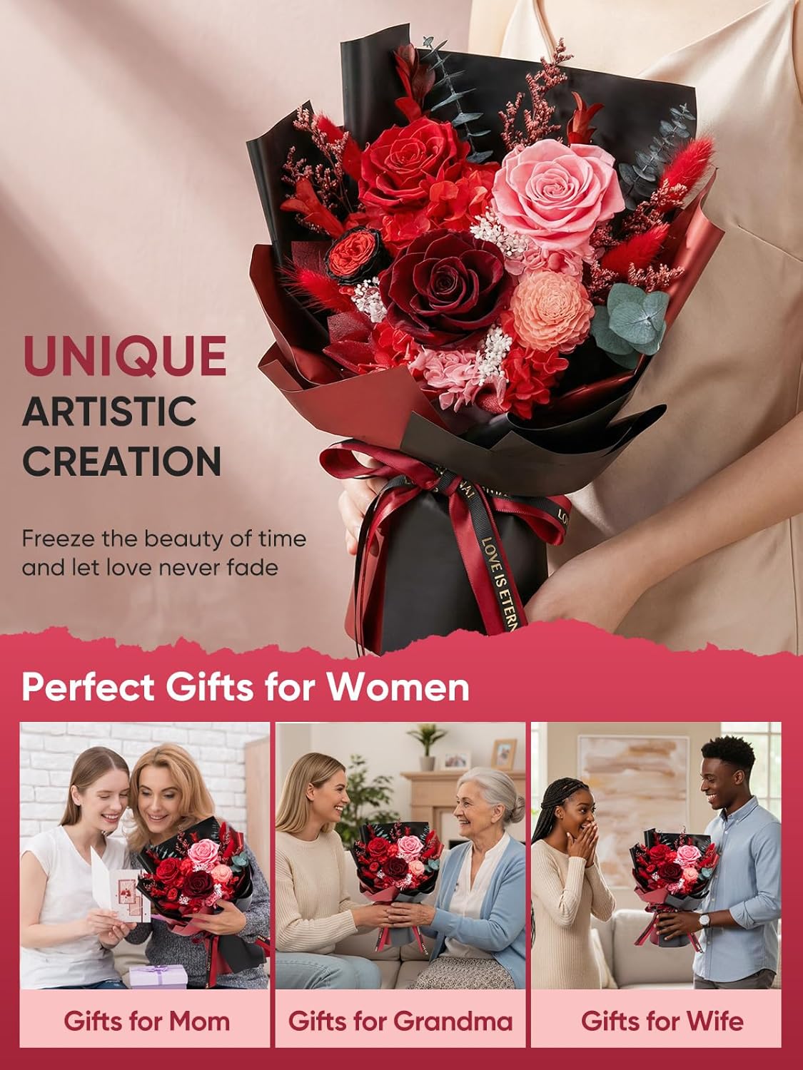 Bessol Flowers for Delivery Preserved Flower Bouquet Forever Fresh Flowers Birthday Gifts for Women Mom Anniversary Red Real Rose Gifts for Grandma Wife Girlfriend Sister Her from Daughter