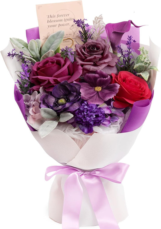 TINGE TIME Mothers Day Preserved Flowers Bouquet, Forever Flowers Gifts for Mom, Birthday Gifts for Women, Eternal Roses Bouquet for Grandma Wife Anniversary Graduation(Purple)
