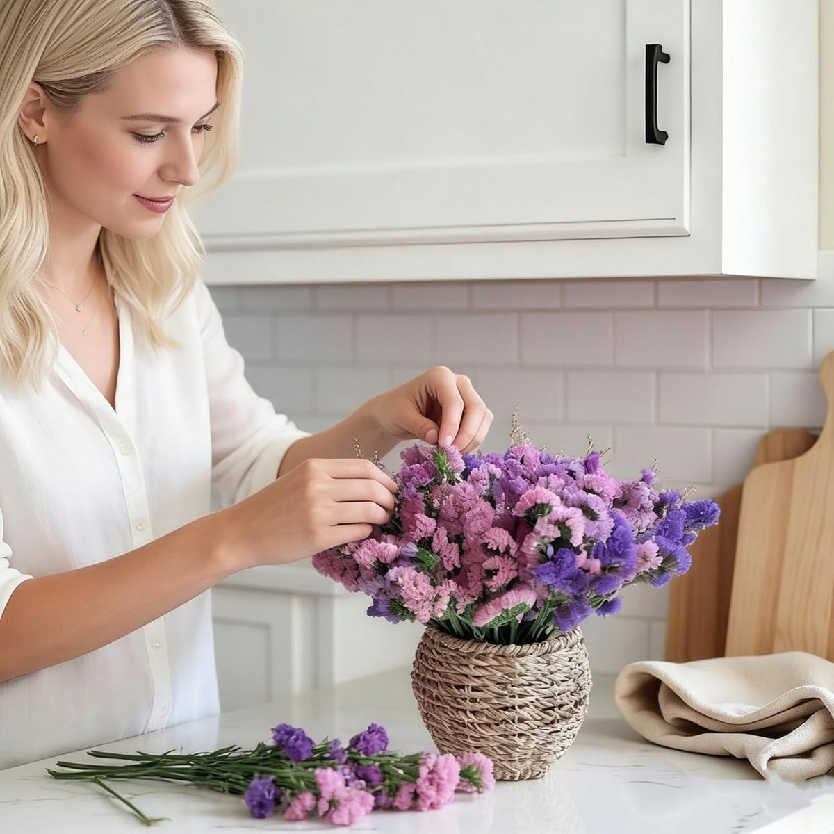 Preserved Forget Me Not & Natural Dried Purple Statice Flowers with Rattan Basket, Rustic Farmhouse Bouquet, Long Lasting Floral Centerpiece for Dining Table Home Decor Living Room