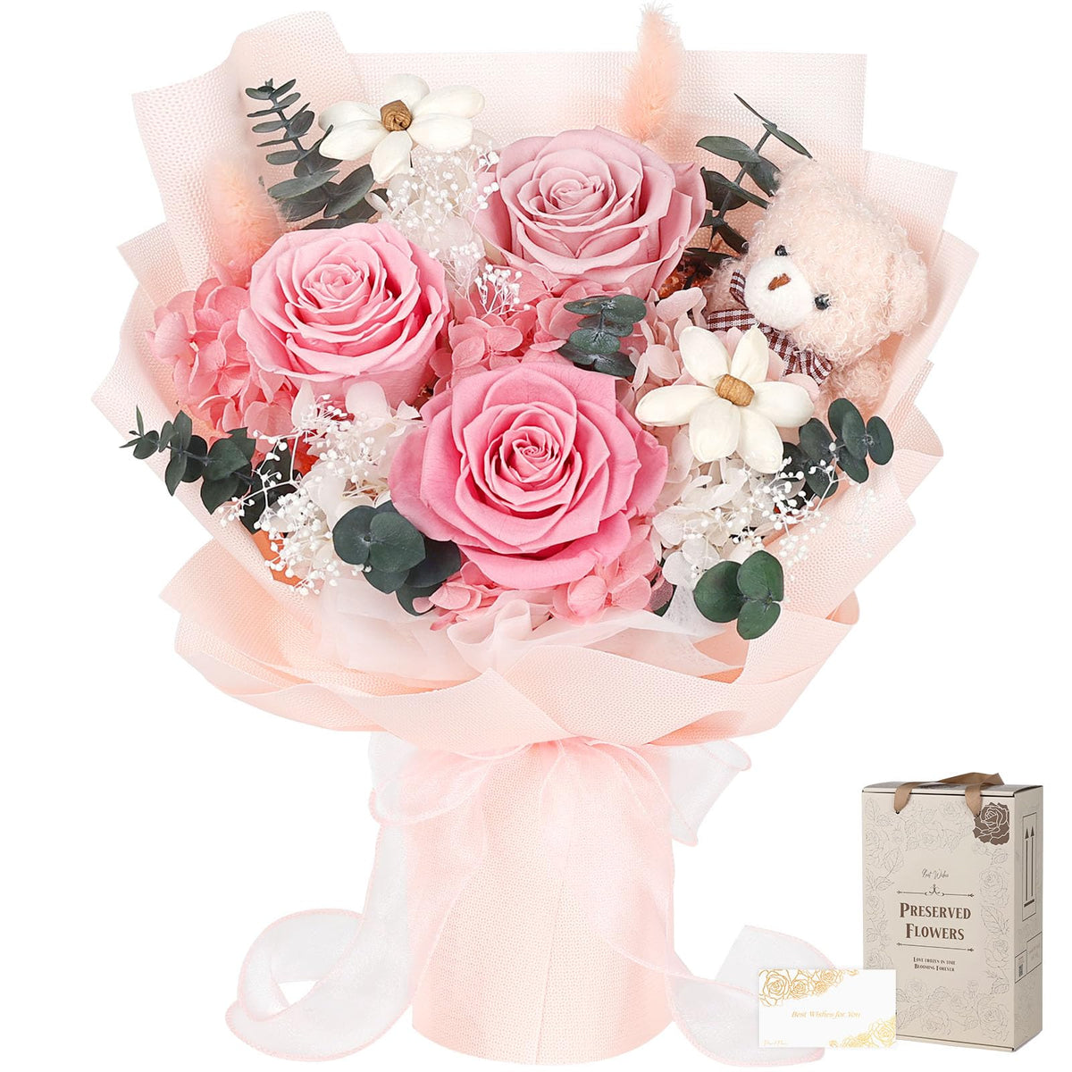 Flowers for Delivery with Bear, Orange Preserved Flowers, Gifts for Mom Her