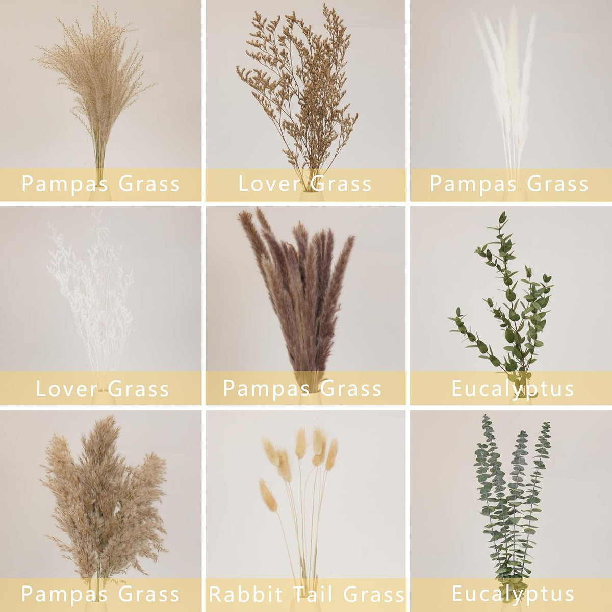 Natural Dried Pampas Grass Bouquet - 9 Varieties Mix with Eucalyptus & Bunny Tails - 17" Non-Shedding & Dye-Free Dried Flowers for Vase - Elegant Boho Home Decor for Wedding, Table & Shelf