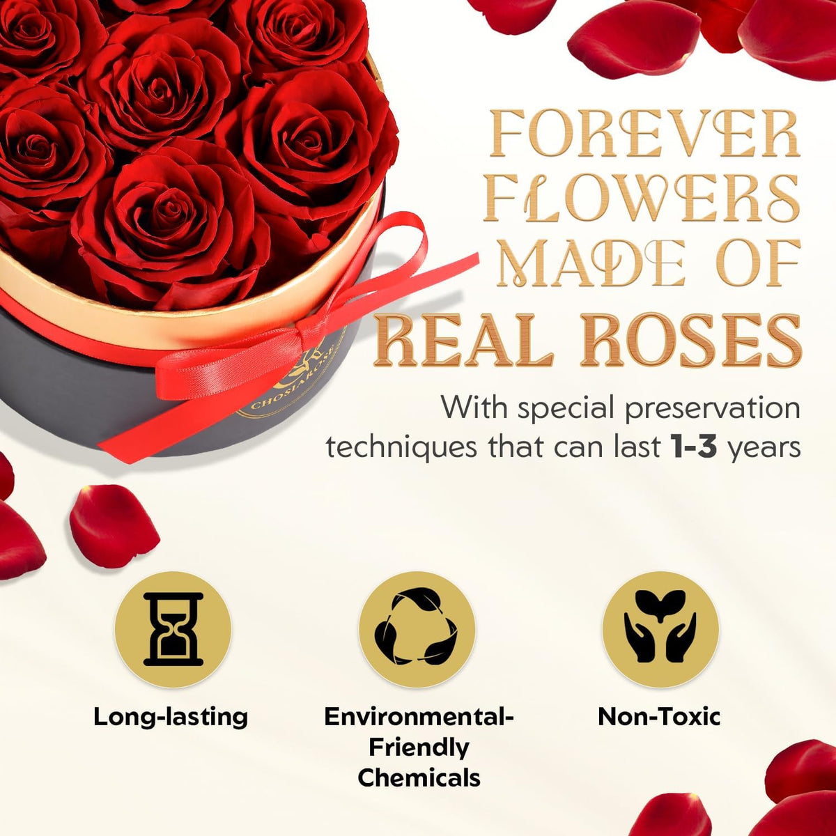 Roses Forever Flowers for Delivery - 7 Forever Preserved Roses in Box, Preserved Flowers Gifts Anniversary Birthday Gift for Mom Grandma Wife Women Valentines Rose Gift for Her Girlfriend