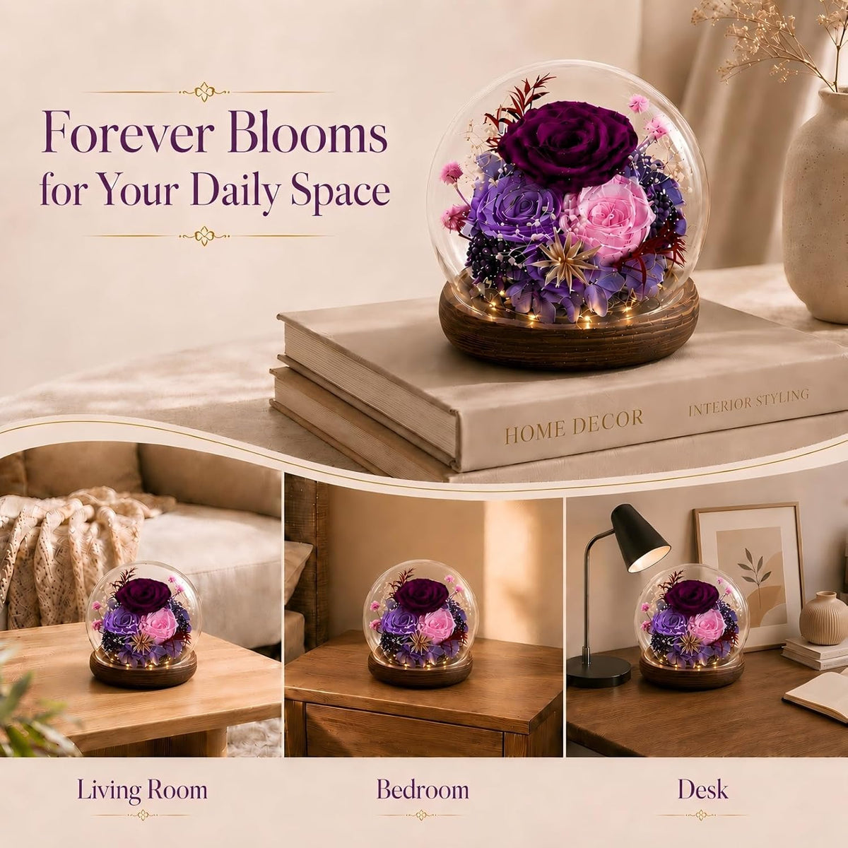 FIACO Gifts for Mom Flowers for Delivery Birthday Gifts for Women Grandma Forever Preserved Eternal Rose in Glass Dome Mother Days Valentines Anniversary for Girlfriend Wife Her, Purple