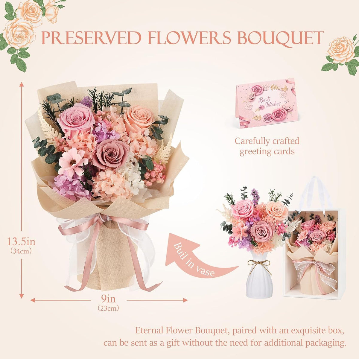Flowers for Delivery Prime Preserved Flowers Bouquet with Vase, Pink