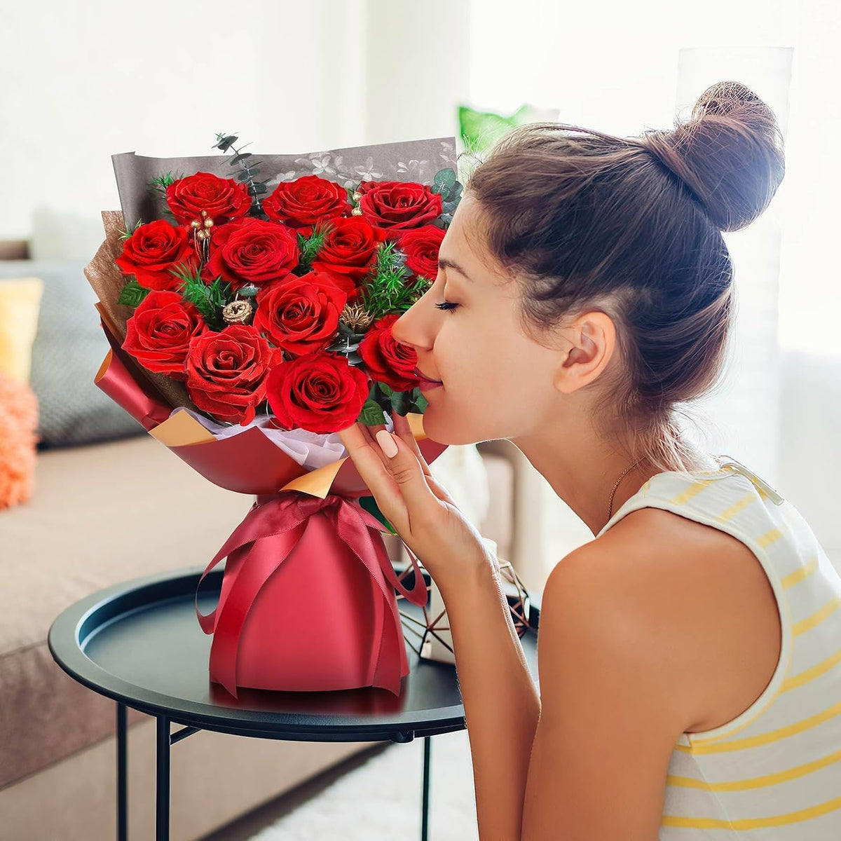 ADDWel 12 Preserved Real Roses Bouquet for Her, Forever Red Flowers with LED Lights, Anniversary Birthday Gifts for Wife Girlfriend Mom, Elegant Home Decor