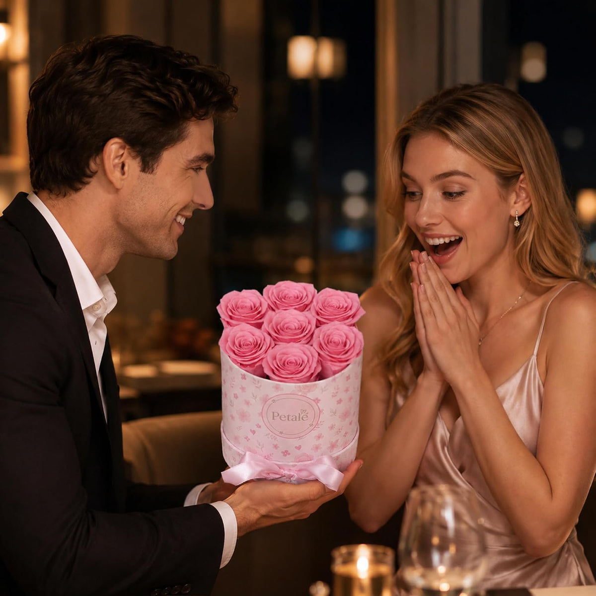 Pink Preserved Roses Forever Rose Box, 7 Real Eternal Flowers