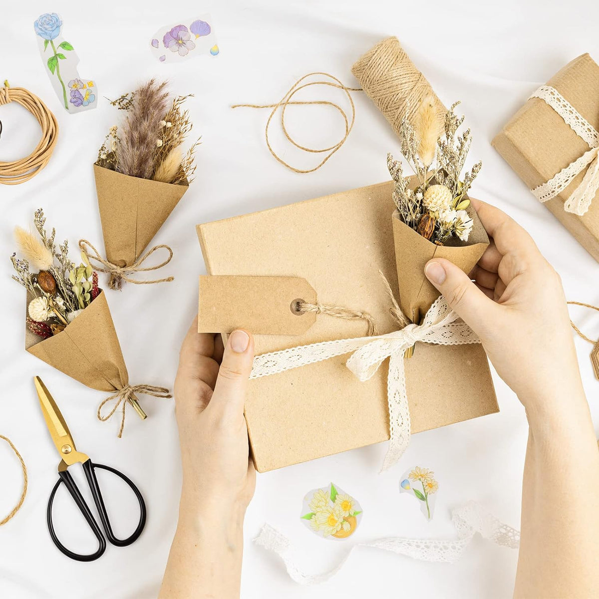 6Pcs Mini Dried Flowers Bouquet, Mixed Natural Dried Flowers Gypsophila Bouquets Boutonniere Table Centerpieces Birthday Cake Flowers for DIY Crafts with 3 Flower Stickers 10m Hemp Rope