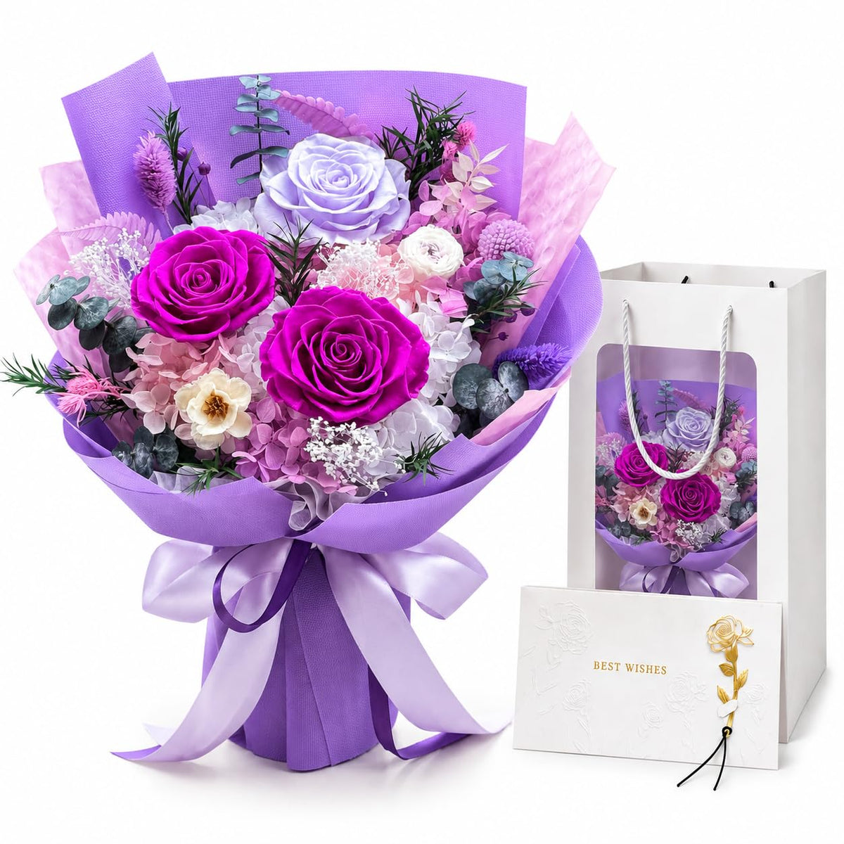 Preserved Purple Rose Bouquet, 100% Real Flowers for Women Mother Wife, Long-Lasting Eternal Roses with Gift Box, Forever Flowers for Anniversary Birthday Mother's Day, Lasts 1-3 Years