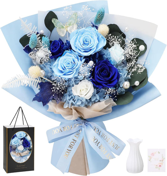 Casaido Preserved Flowers for Delivery, Mothers Day 6 Blue Roses Bouquet, Birthday Rose Gifts for Women Mom Wife Girlfriend, Real Flowers for Christmas Valentines Day Anniversary