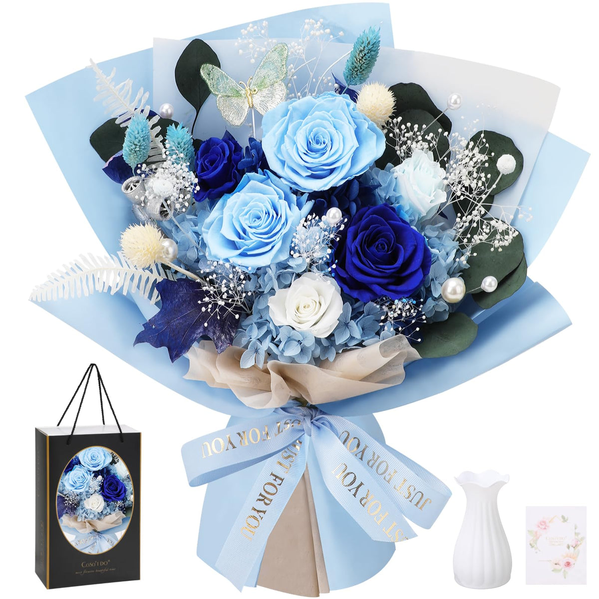 Casaido Preserved Flowers for Delivery, Mothers Day 6 Blue Roses Bouquet, Birthday Rose Gifts for Women Mom Wife Girlfriend, Real Flowers for Christmas Valentines Day Anniversary