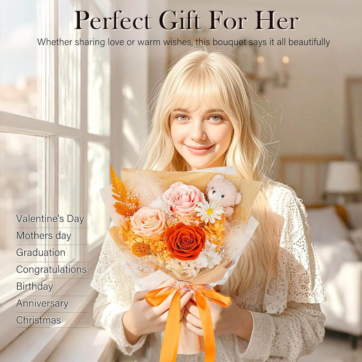 Flowers for Delivery with Bear, Orange Preserved Flowers, Gifts for Mom Her