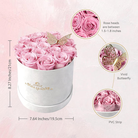 16 Light Pink Preserved Roses Round Gift Box for Women