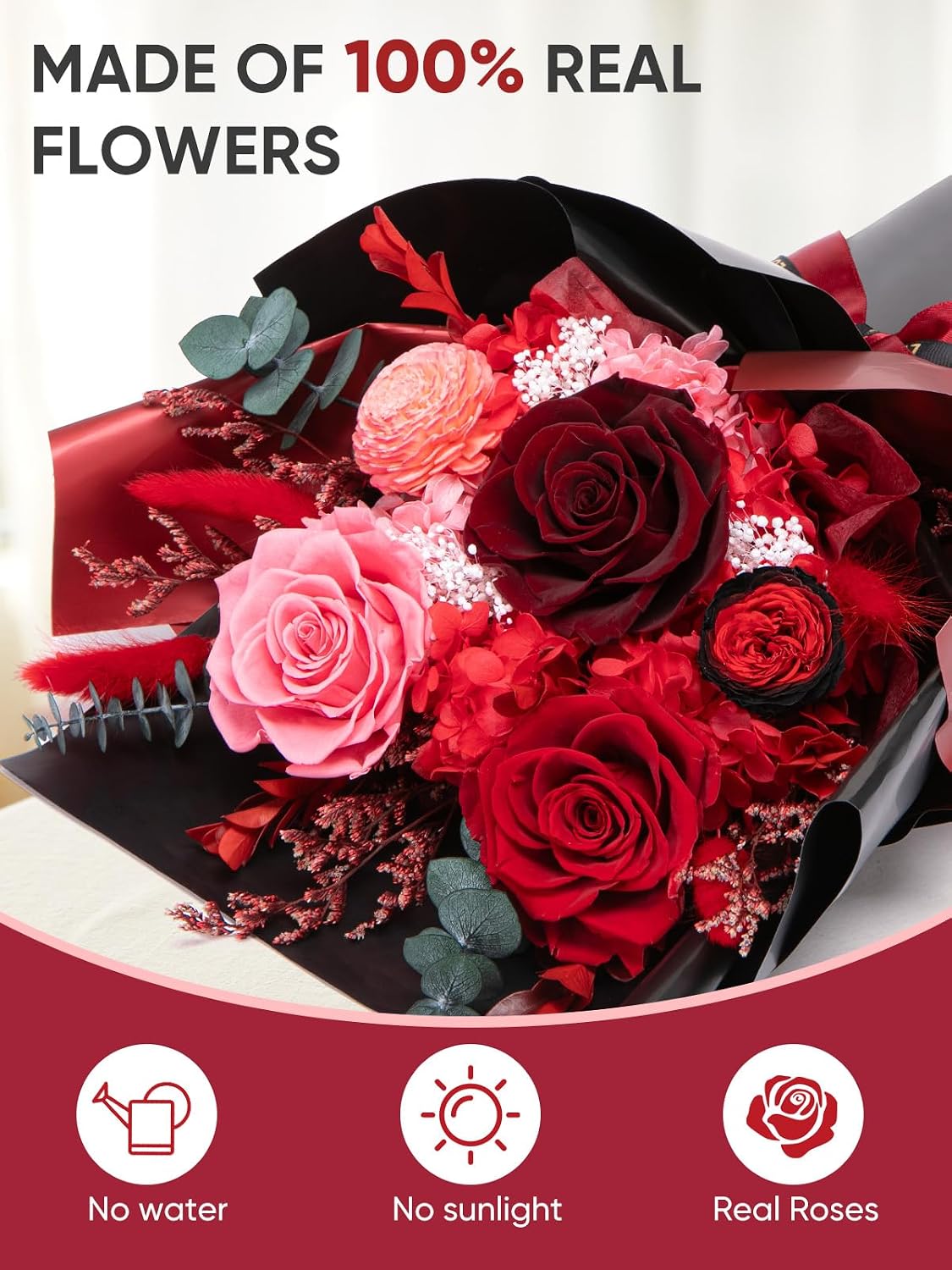 Bessol Flowers for Delivery Preserved Flower Bouquet Forever Fresh Flowers Birthday Gifts for Women Mom Anniversary Red Real Rose Gifts for Grandma Wife Girlfriend Sister Her from Daughter