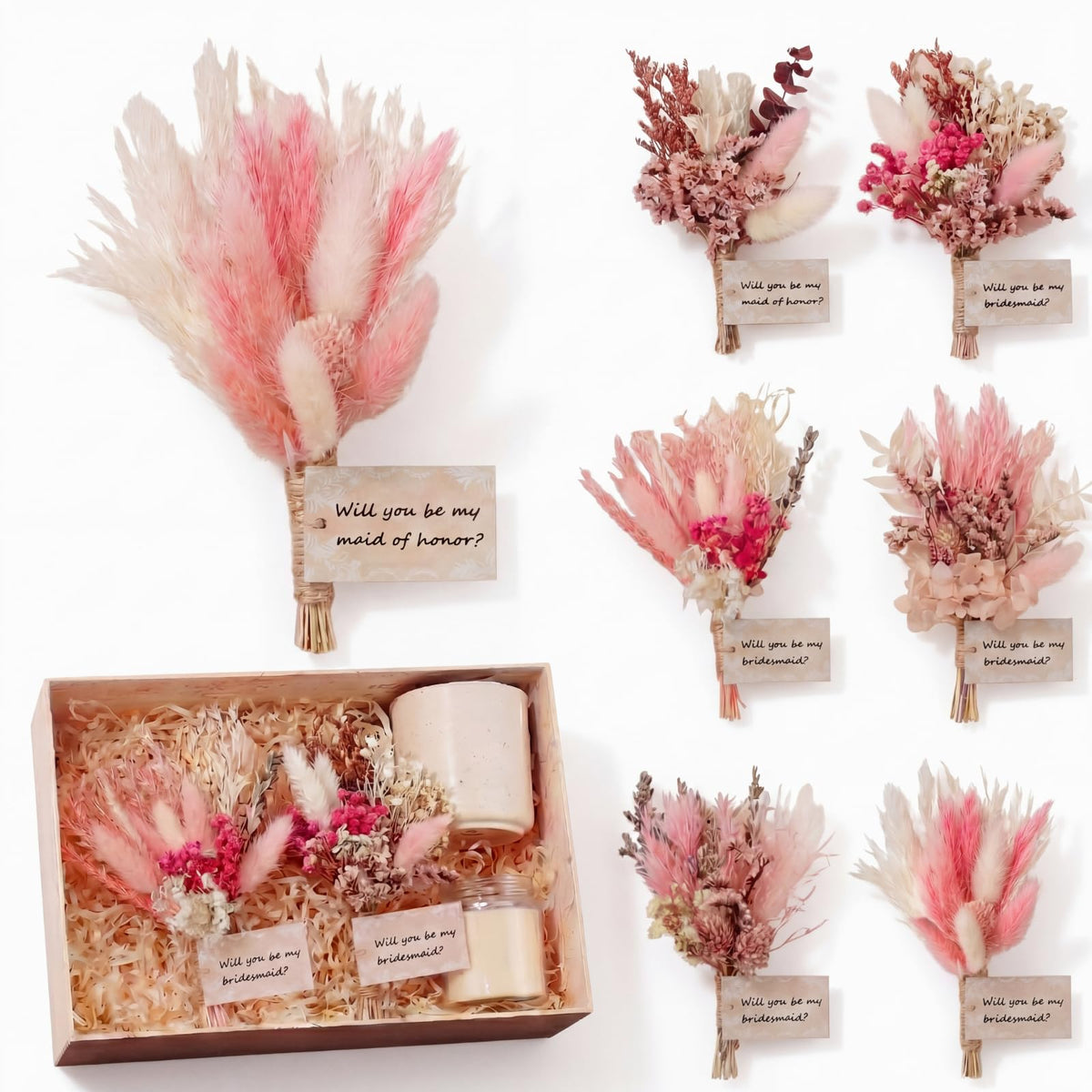 Suncalla 6 Pcs Bridesmaid Proposal Gifts Dried Bouquets,White,Boho