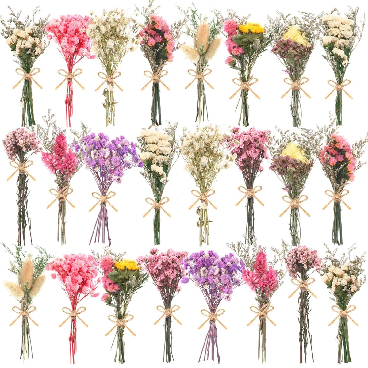 12/24 Pack Dried Flowers for Vase Various Mini Bouquet Dried Small Wildflowers Natural Real Flowers Bulk for Crafts DIY Wedding Decor (24, Plain Colour)