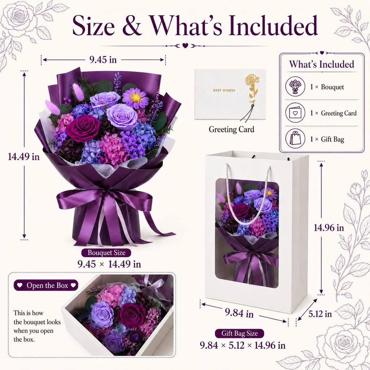 Preserved Purple Rose Bouquet, 100% Real Flowers for Women Mother Wife, Long-Lasting Eternal Roses with Gift Box, Forever Flowers for Anniversary Birthday Mother's Day, Lasts 1-3 Years