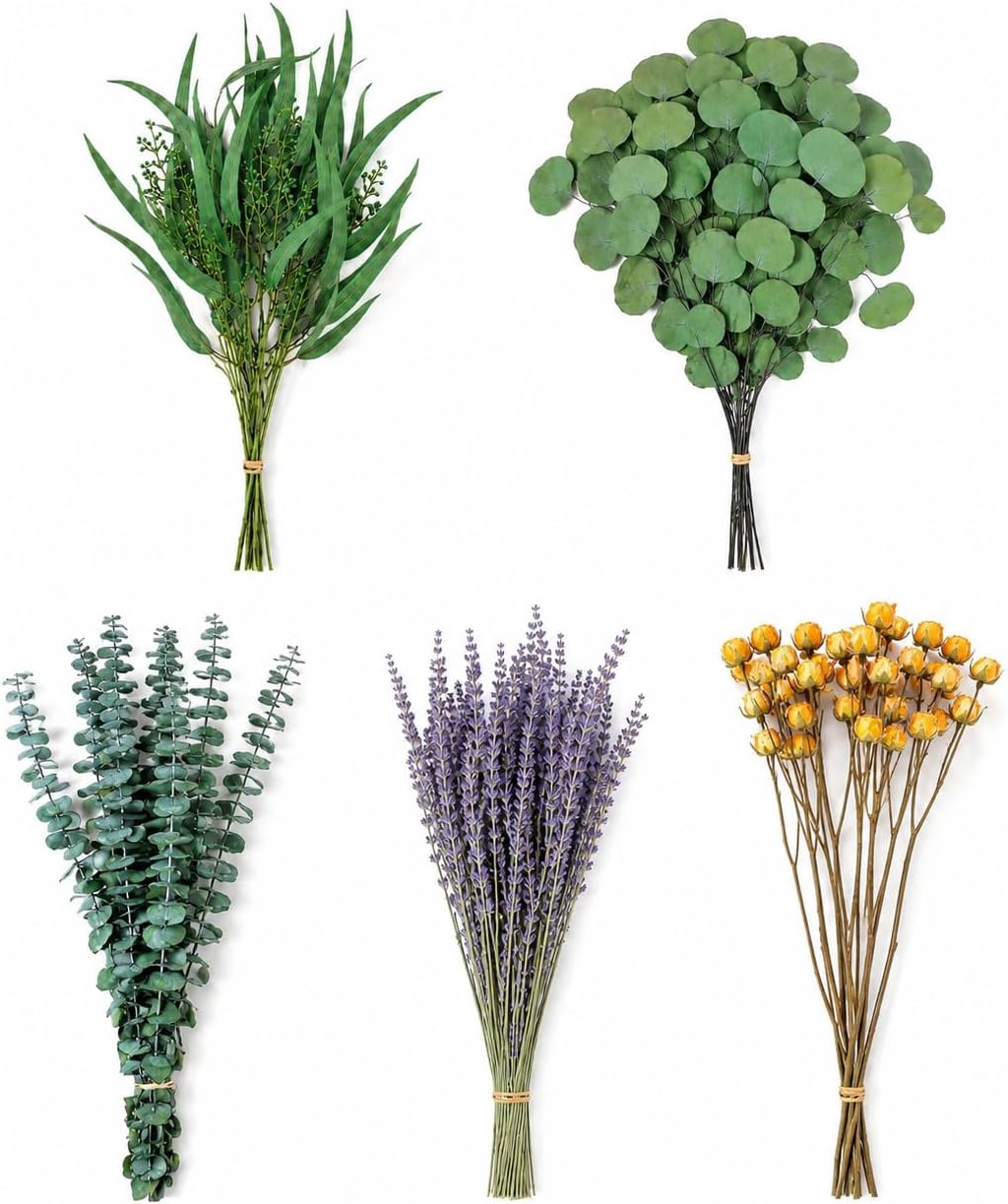 123 PCS Mixed Dried Eucalyptus & Lavender & Yellow Rose Flowers, 17''