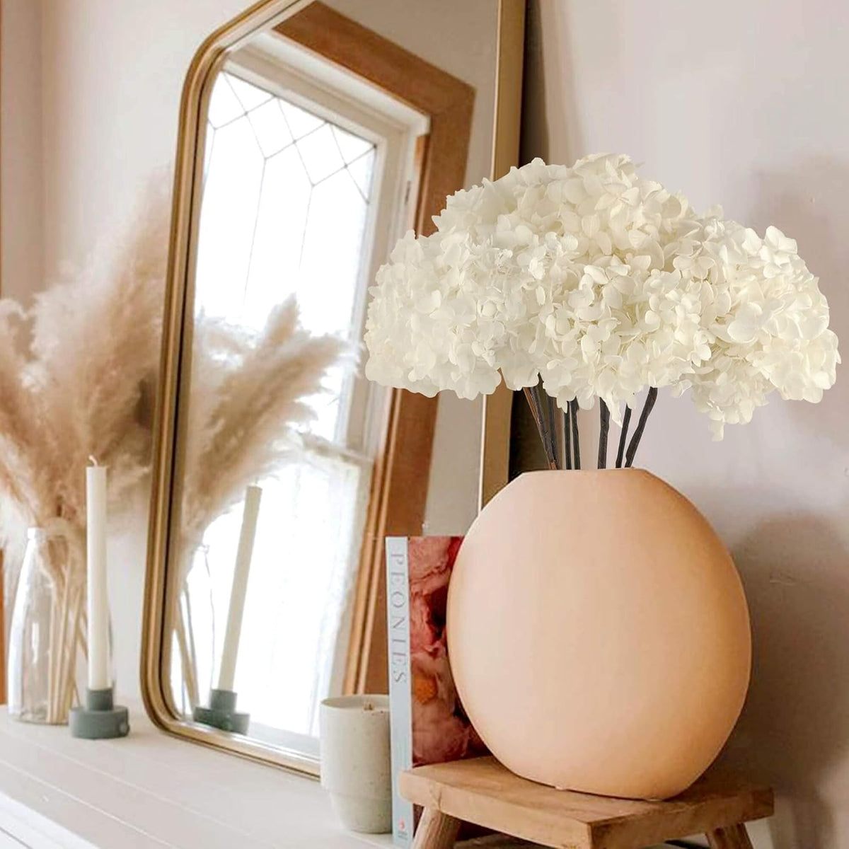 5 Pcs Preserved White Hydrangea Flowers, Real Handmade Floral Stems