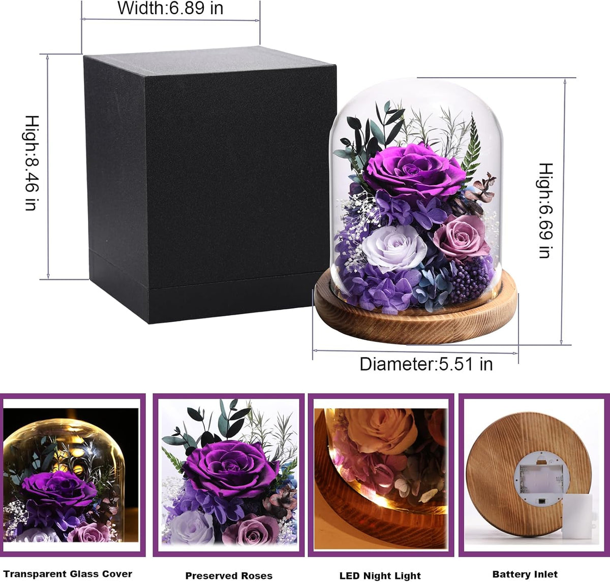 lovenfold Flowers for Delivery Preserved Rose Gifts for Women,Long-Lasting Forever Flowers in Glass Dome, Birthday Gifts for Women Mom Friend(Purple Rose)