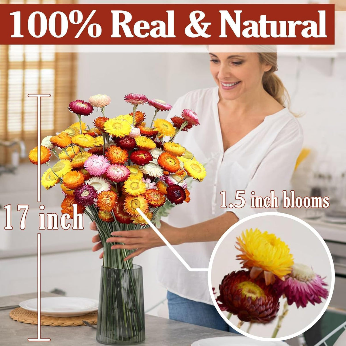 30pcs Dried Strawflowers Bouquet Long Stem Flowers for Wedding & Home Decor