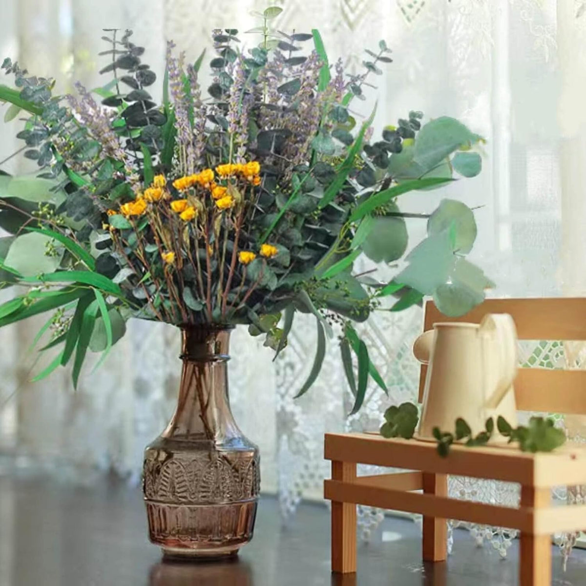 123 PCS Mixed Dried Eucalyptus & Lavender & Yellow Rose Flowers, 17''