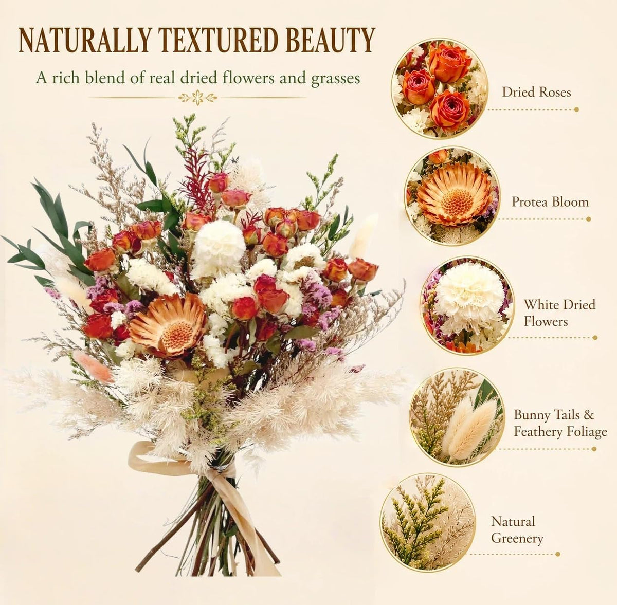 17" Dried Flower Bouquets, 100% Natural Dried Flowers with Dried Roses,Bunny Tails,Chrysanthemum Flowers Decor for Vase Rustic Boho Home Decor,Party Fall Decor for Wedding Gift