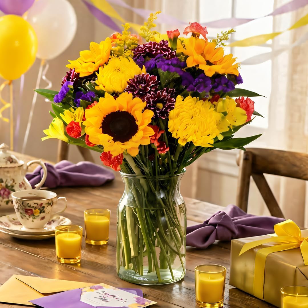 Benchmark Bouquets Flowering Fields Sunflower Bouquet - Birthday Flowers for Delivery - Fresh Flowers Bouquet - Birthday & Get Well Gifts for Women - Glass Vase Included
