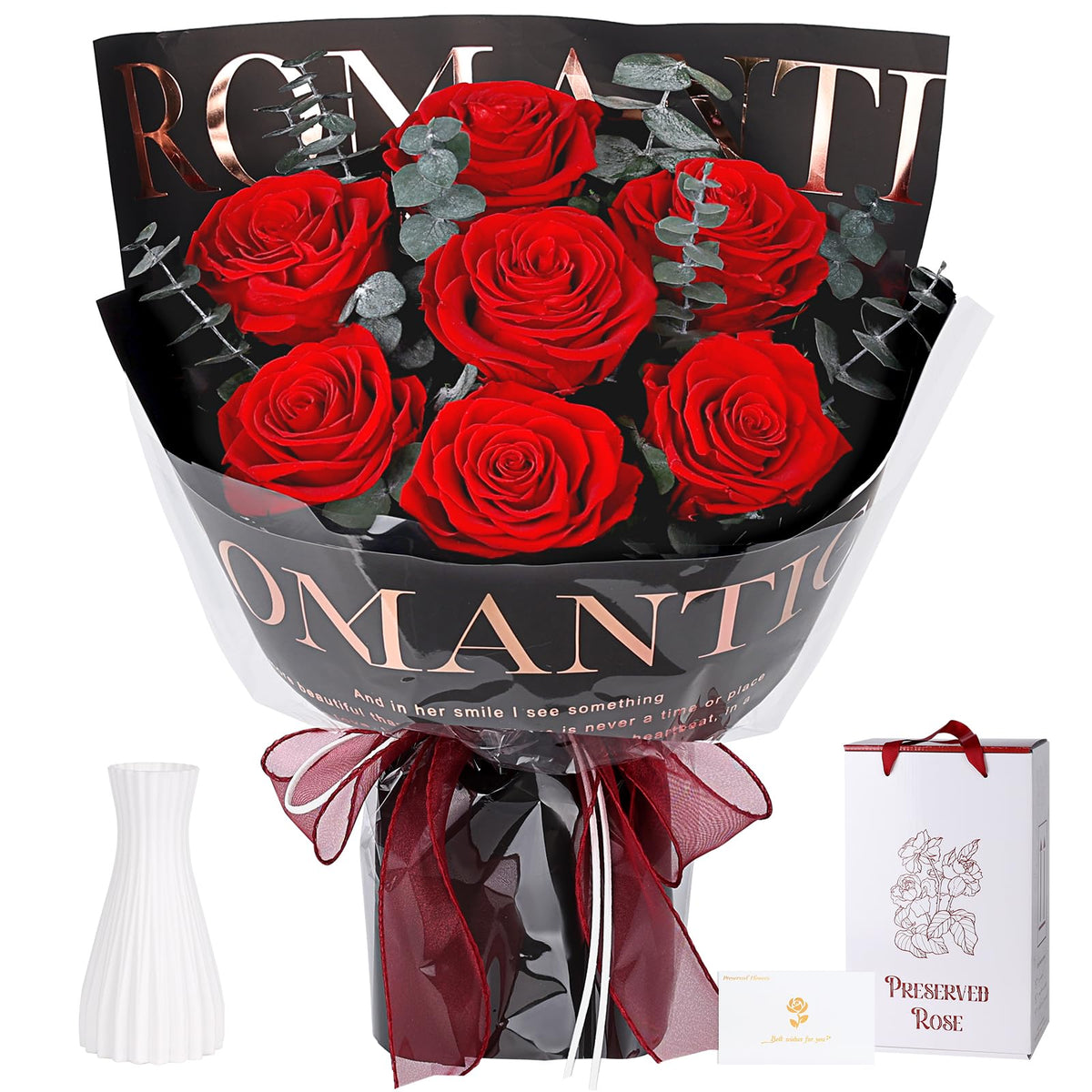 Preserved Flowers for Delivery, 7 Red Roses with Vase, Gifts for Women Her