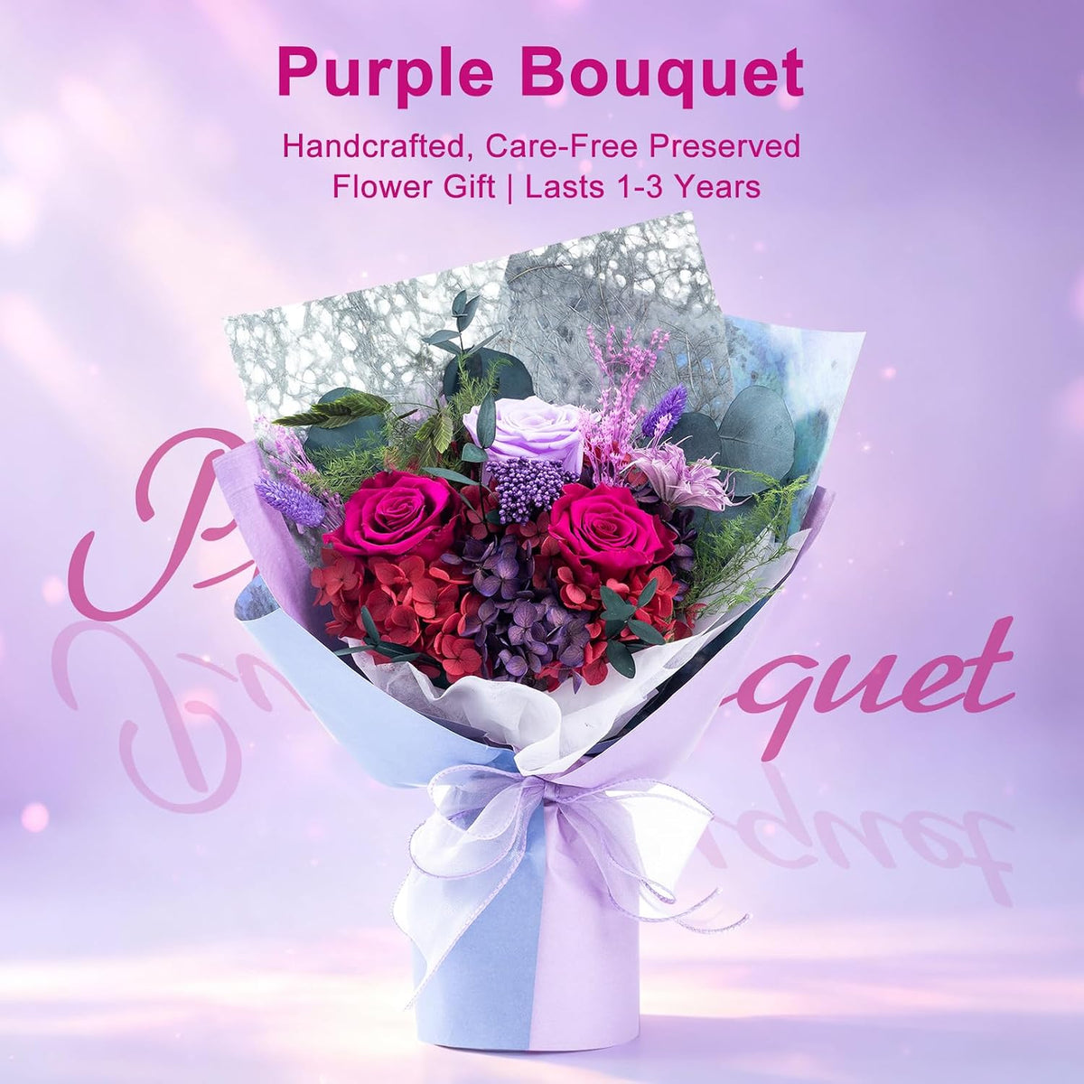 FLORALUNA Preserved Flowers, Purple Preserved Flowers Bouquet