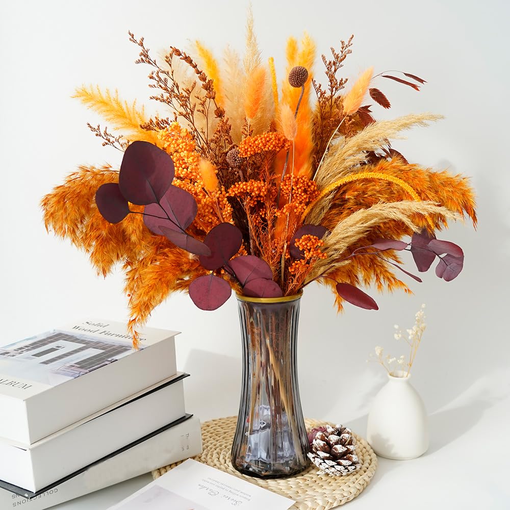 Natural Dried Pampas Grass Bouquet,17" - Boho Autumn Flower Arrangment with Millet Flower & Eucalyptus, Home, Wedding & Farmhouse Decor, DIY Assembly, Vase Not Included
