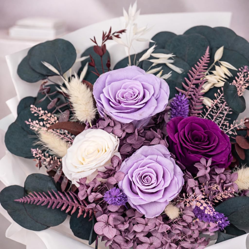 Bonsion Preserved Flowers for Delivery, Purple Rose Bouquet Gift for Women and Mom, Long Lasting Floral Arrangement for Birthday & Anniversary