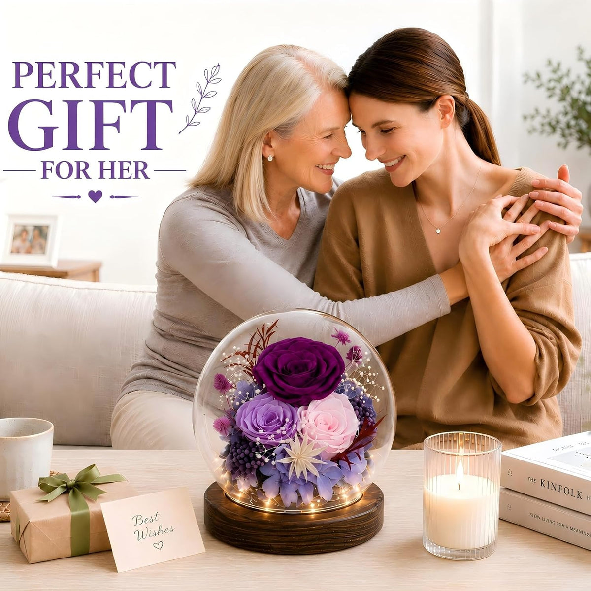 FIACO Gifts for Mom Flowers for Delivery Birthday Gifts for Women Grandma Forever Preserved Eternal Rose in Glass Dome Mother Days Valentines Anniversary for Girlfriend Wife Her, Purple