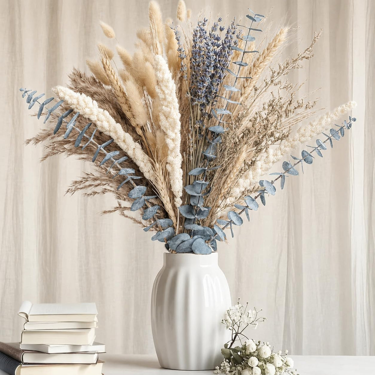 Boho Dried Flower Bouquet – Pampas Grass Bouquet with Lavender, Eucalyptus, Wheat & Bunny Tail – Rustic Dried Floral Arrangement for Olive Green Decor, Farmhouse Flowers, and Wedding Centerpieces