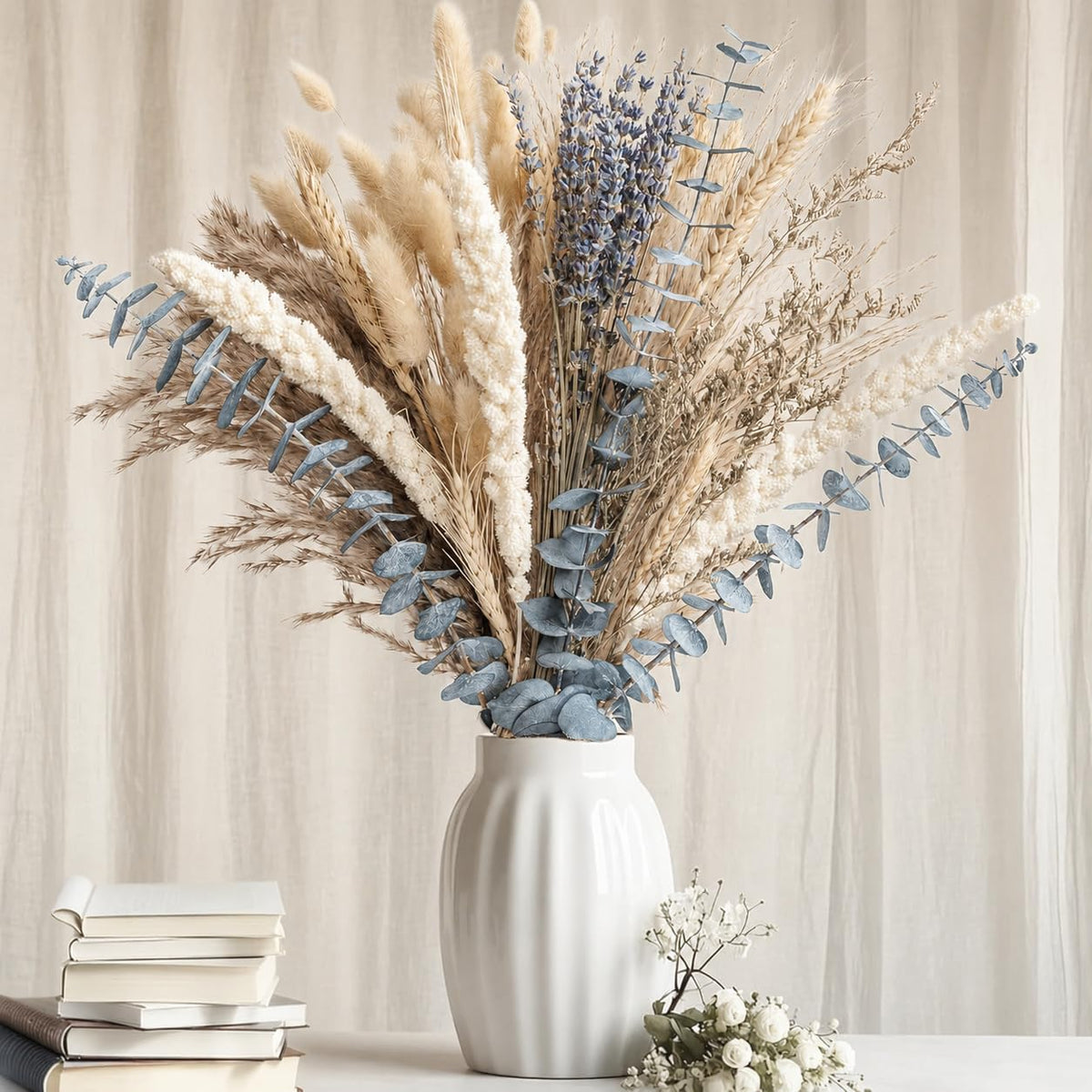 Boho Dried Flower Bouquet – Pampas Grass Bouquet with Lavender, Eucalyptus, Wheat & Bunny Tail – Rustic Dried Floral Arrangement for Olive Green Decor, Farmhouse Flowers, and Wedding Centerpieces