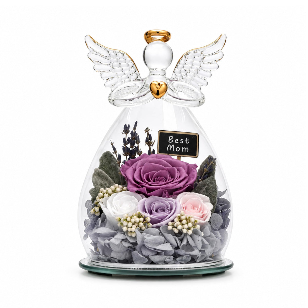 Nacome Preserved Rose Glass Angel Figurine with LED Light Gift for Women