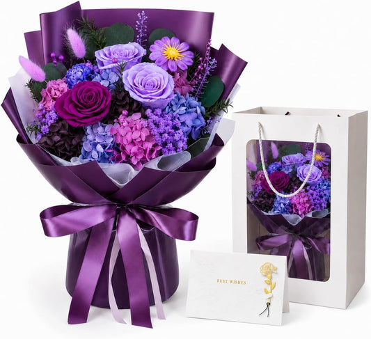 Preserved Purple Rose Bouquet, 100% Real Flowers for Women Mother Wife, Long-Lasting Eternal Roses with Gift Box, Forever Flowers for Anniversary Birthday Mother's Day, Lasts 1-3 Years
