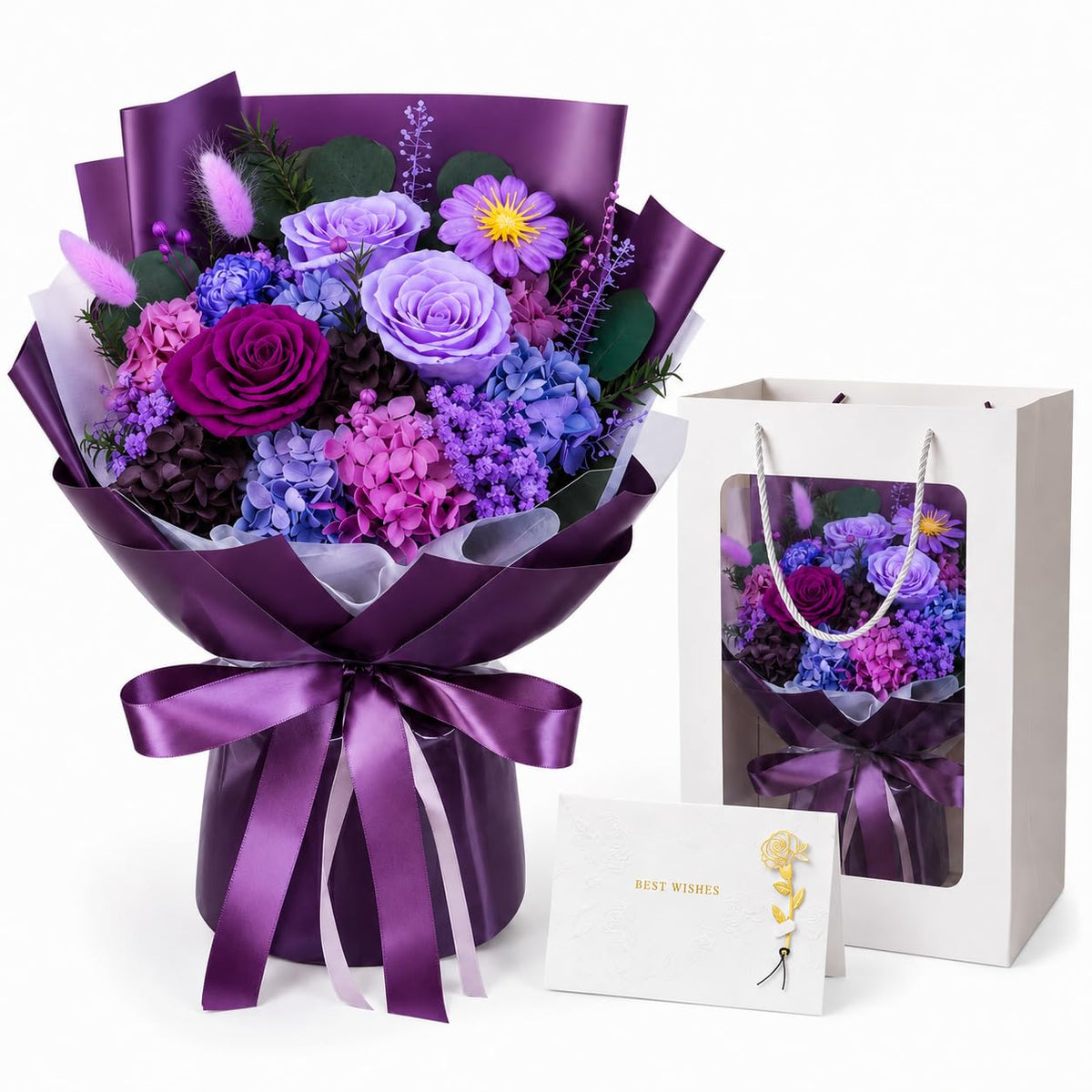 Preserved Purple Rose Bouquet, 100% Real Flowers for Women Mother Wife, Long-Lasting Eternal Roses with Gift Box, Forever Flowers for Anniversary Birthday Mother's Day, Lasts 1-3 Years