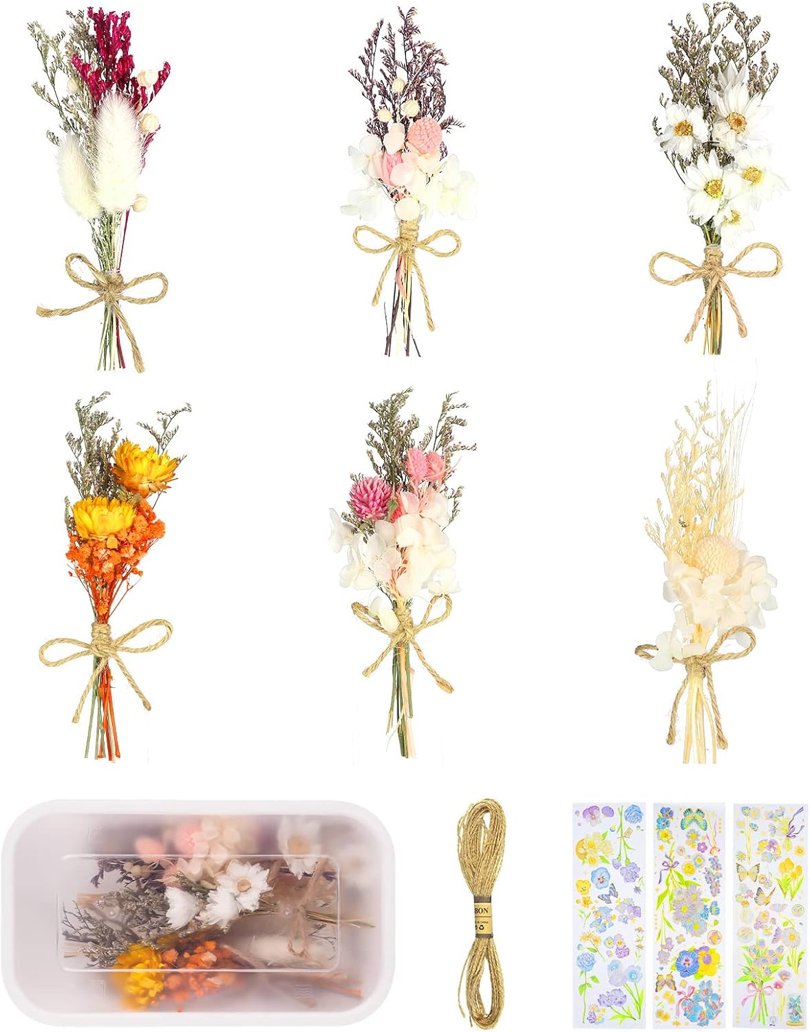 6Pcs Mini Dried Flowers Bouquet, Mixed Natural Dried Flowers Gypsophila Bouquets Boutonniere Table Centerpieces Birthday Cake Flowers for DIY Crafts with 3 Flower Stickers 10m Hemp Rope