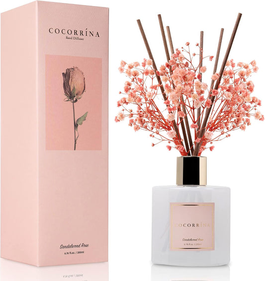 Cocorrína Premium Reed Diffuser Set with Preserved Baby's Breath & Cotton Stick Sandalwood Rose | 6.7oz Scent Fragrance Oil Diffuser for Bedroom Bathroom Home Décor
