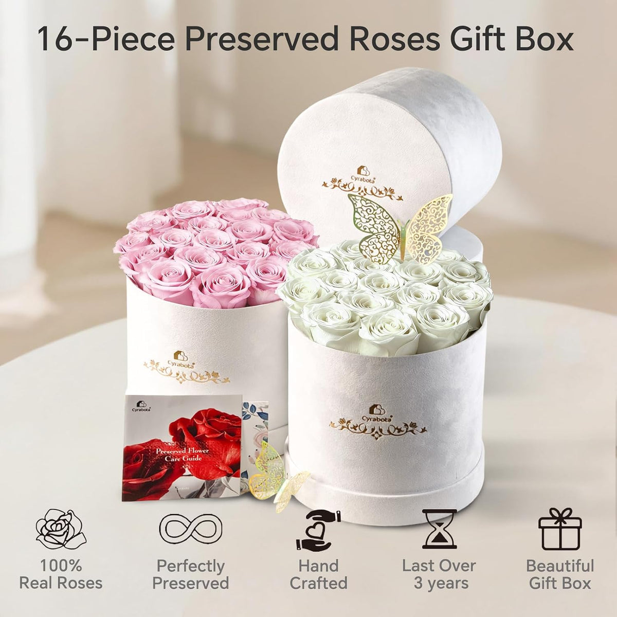 16 Light Pink Preserved Roses Round Gift Box for Women